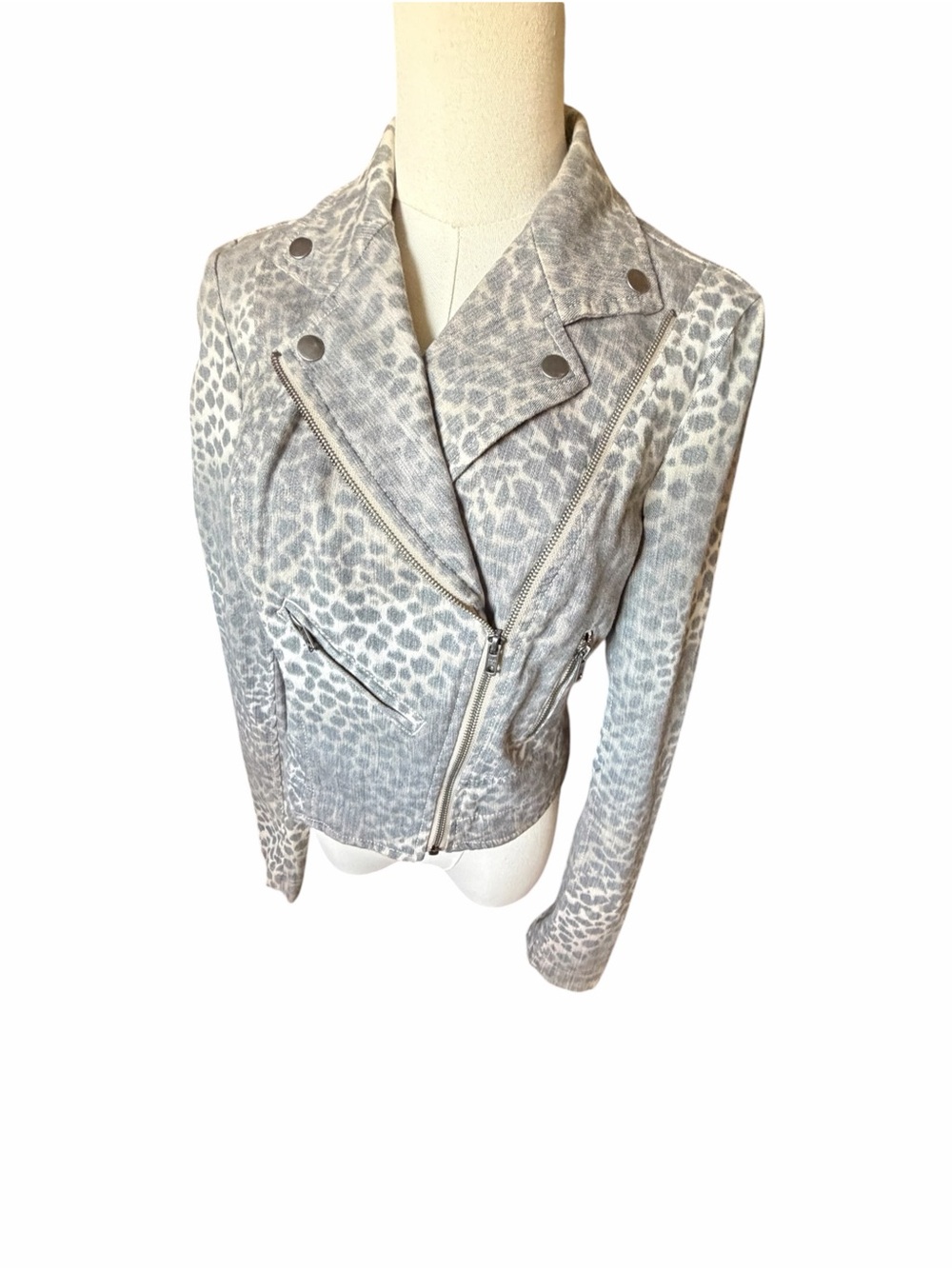 LONDON JEAN Grey Faux Suede Denim Leopard-Print Moto Jacket Sz 4